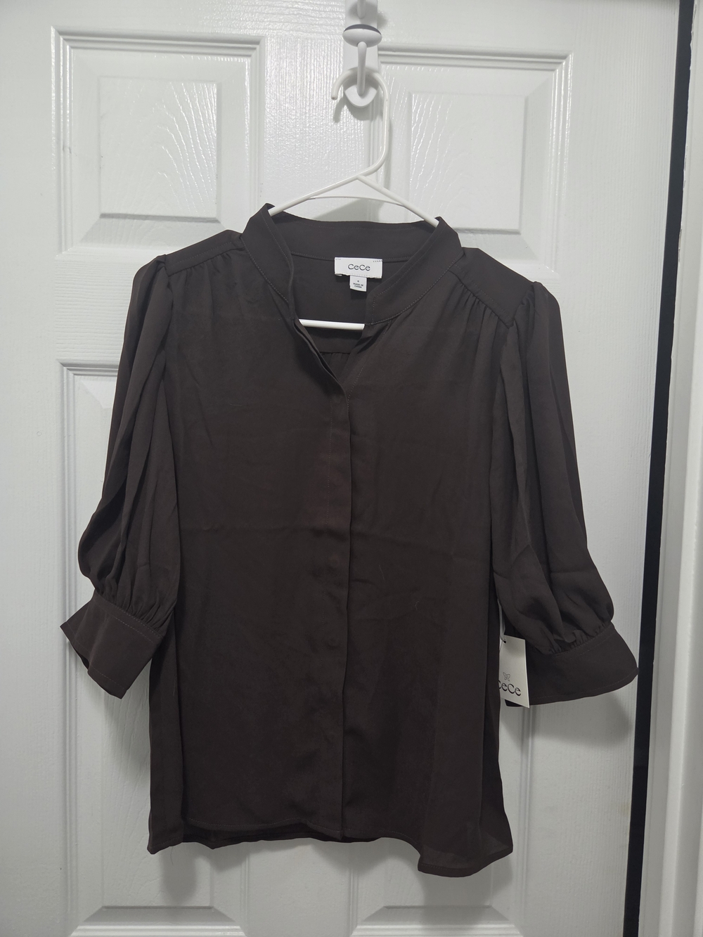 CeCe Brown Split-Neck Puff Sleeve Blouse